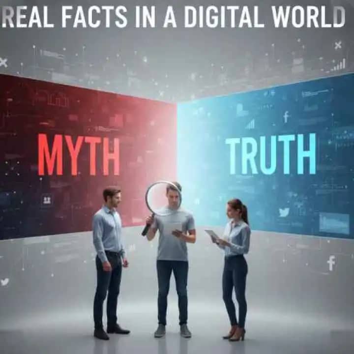 A person analyzing fake news headlines through a magnifying glass symbolizing truth vs myth