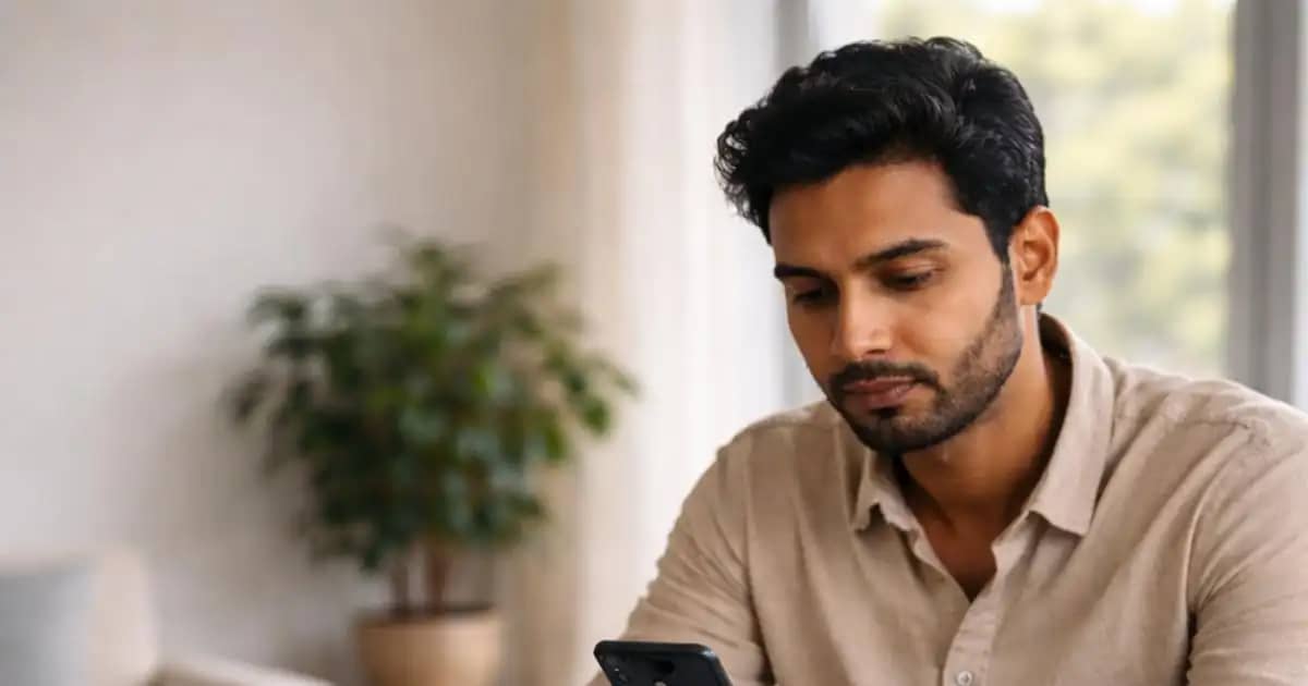 स्मार्टफोन पर आधार सुरक्षा जांचता नागरिक