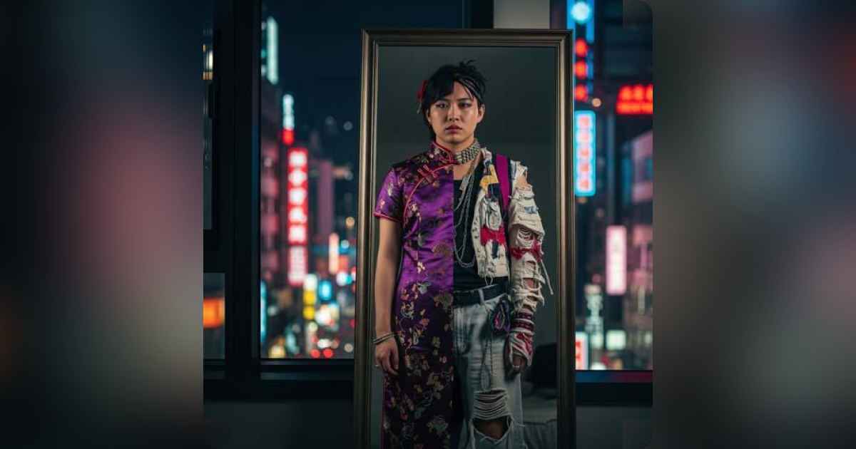 Individual confronting societal vs personal identity in front of a mirror