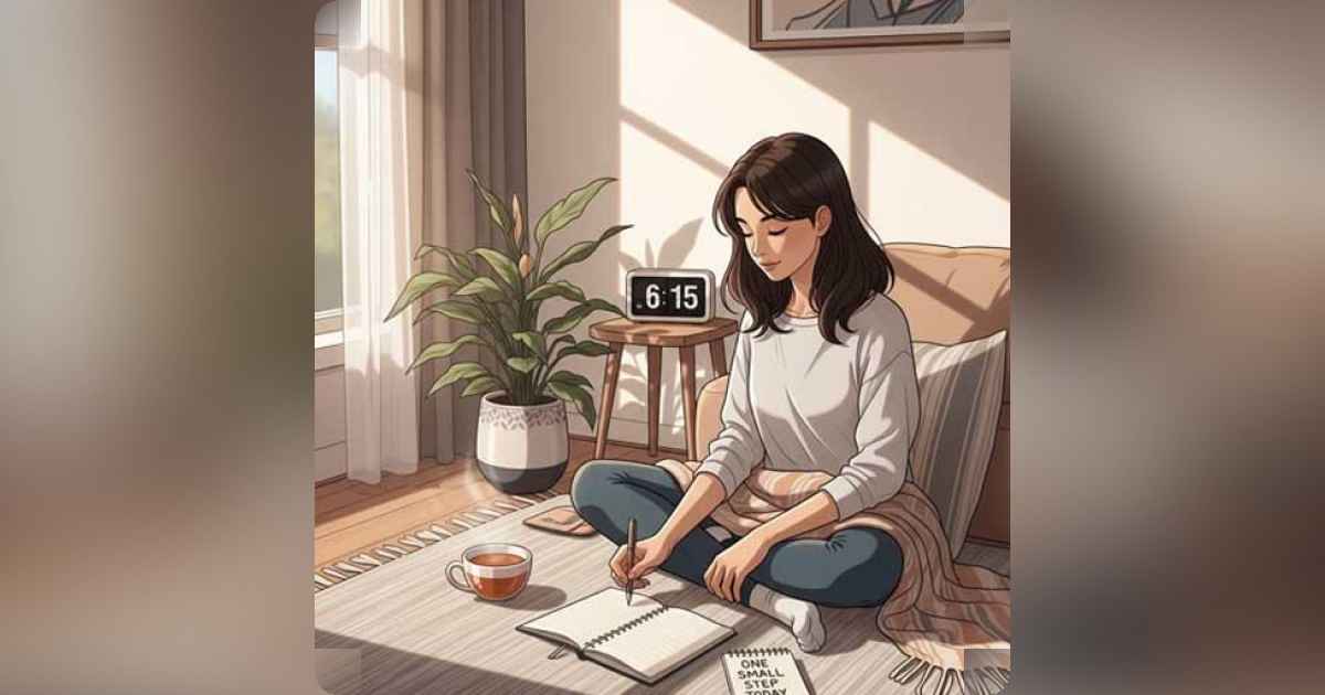 Person journaling near a window, reflecting on self-growth journey