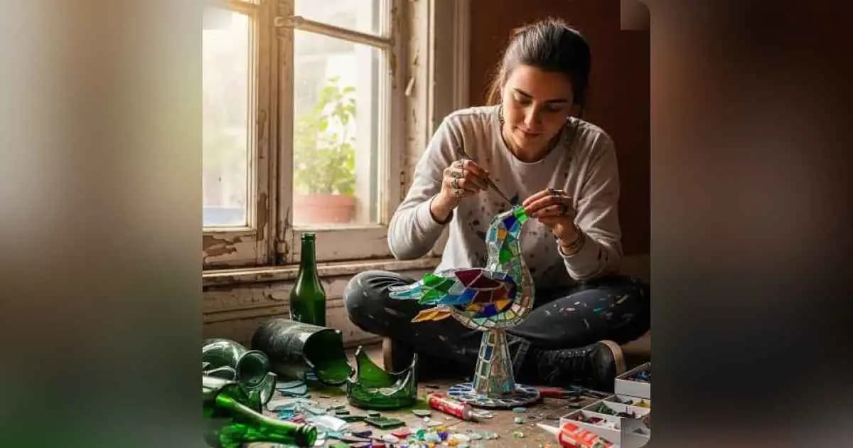 A woman creating art from broken glass as a symbol of living creative