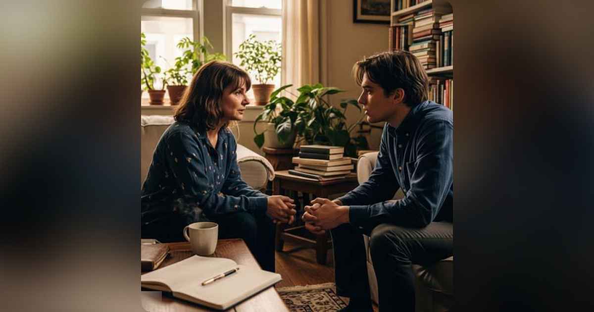 Two people sharing an intimate conversation in a cozy, warm room