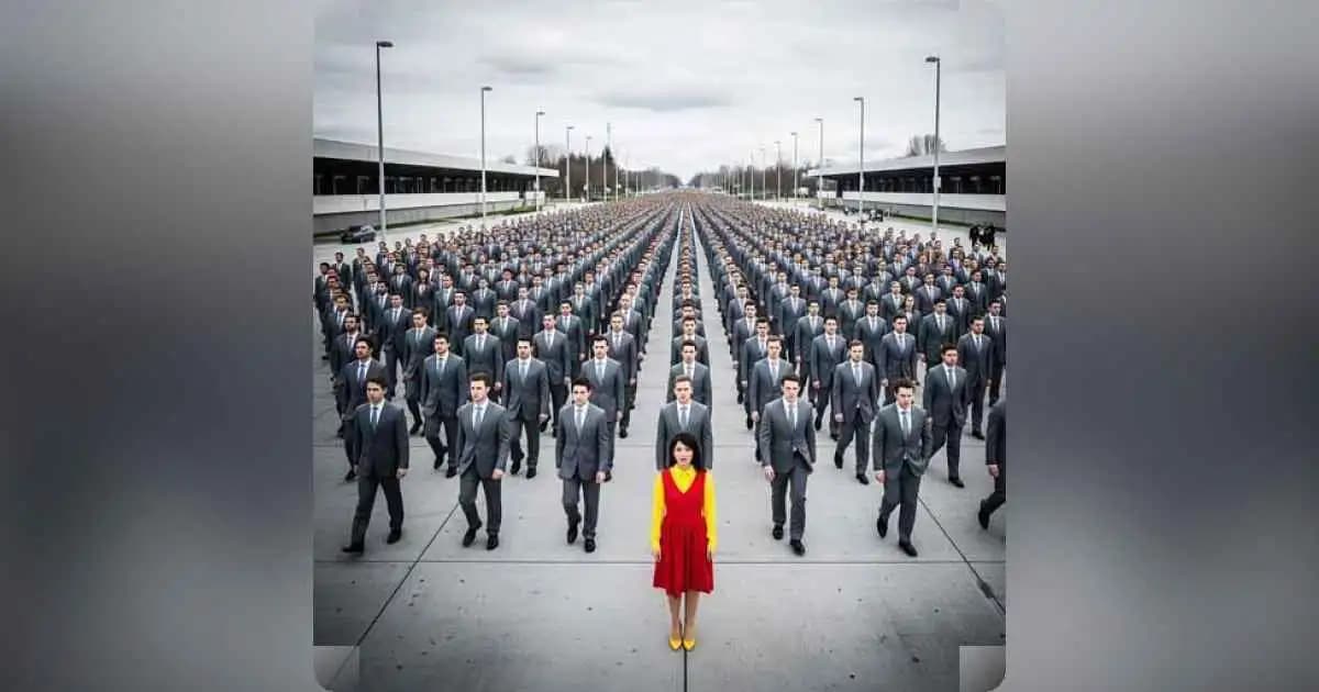 People walking in identical outfits, following the same path