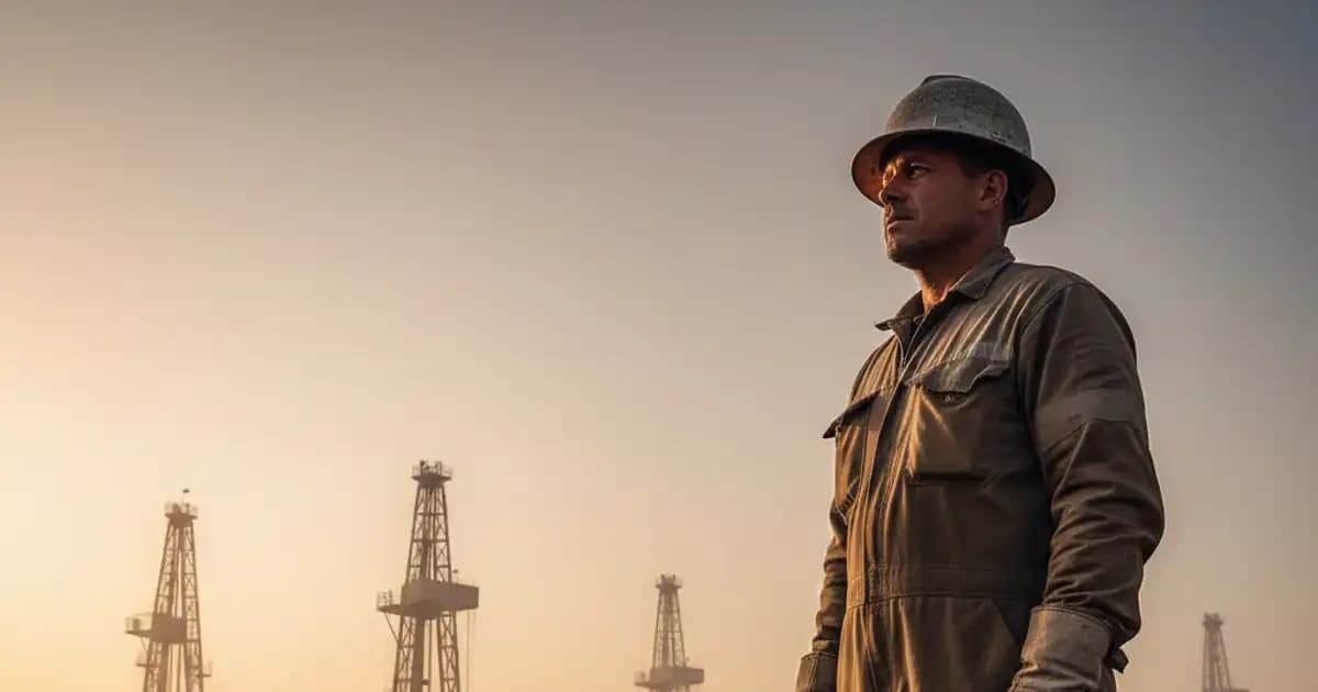 Oil worker near Venezuelan crude infrastructure at sunrise
