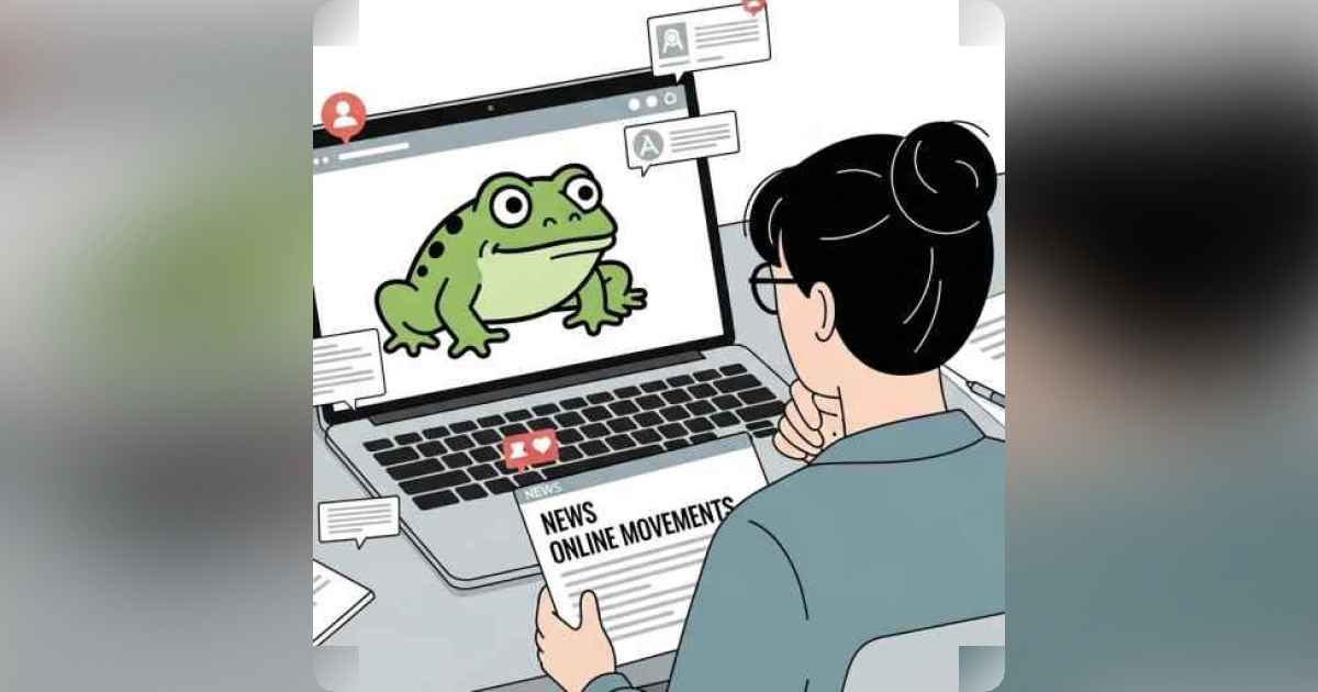 Illustration of a stylized frog meme on a laptop screen symbolizing the groyper movement