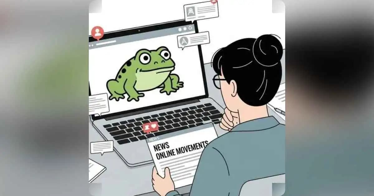 Illustration of a stylized frog meme on a laptop screen symbolizing the groyper movement