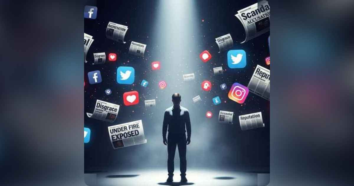 Silhouette of a man under spotlight surrounded by social media icons and rumors