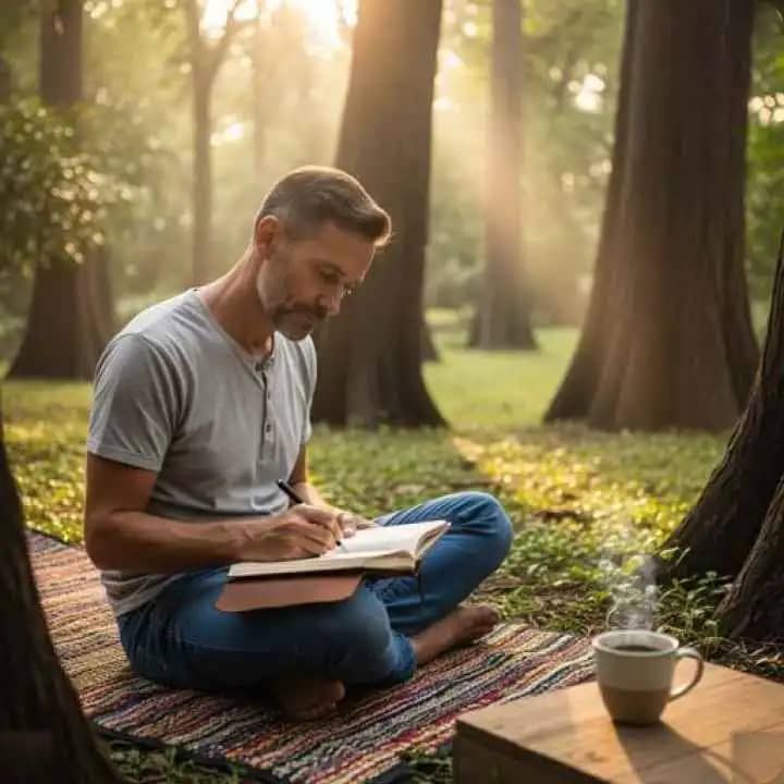 एक शांत, न्यूनतम सुबह जिसमें खिड़की के पास एक जर्नल और कॉफी का कप है