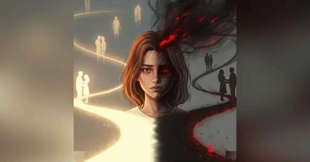 A person stands at a crossroads between light and darkness, symbolizing emotional confusion in love