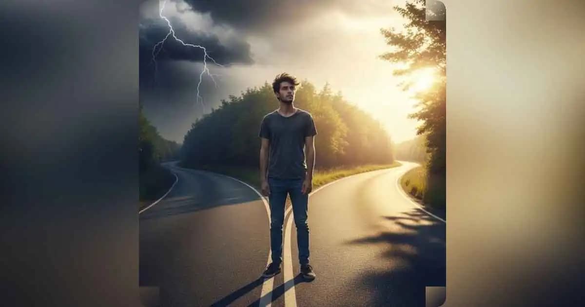 A person standing at a crossroads between heartache and healing