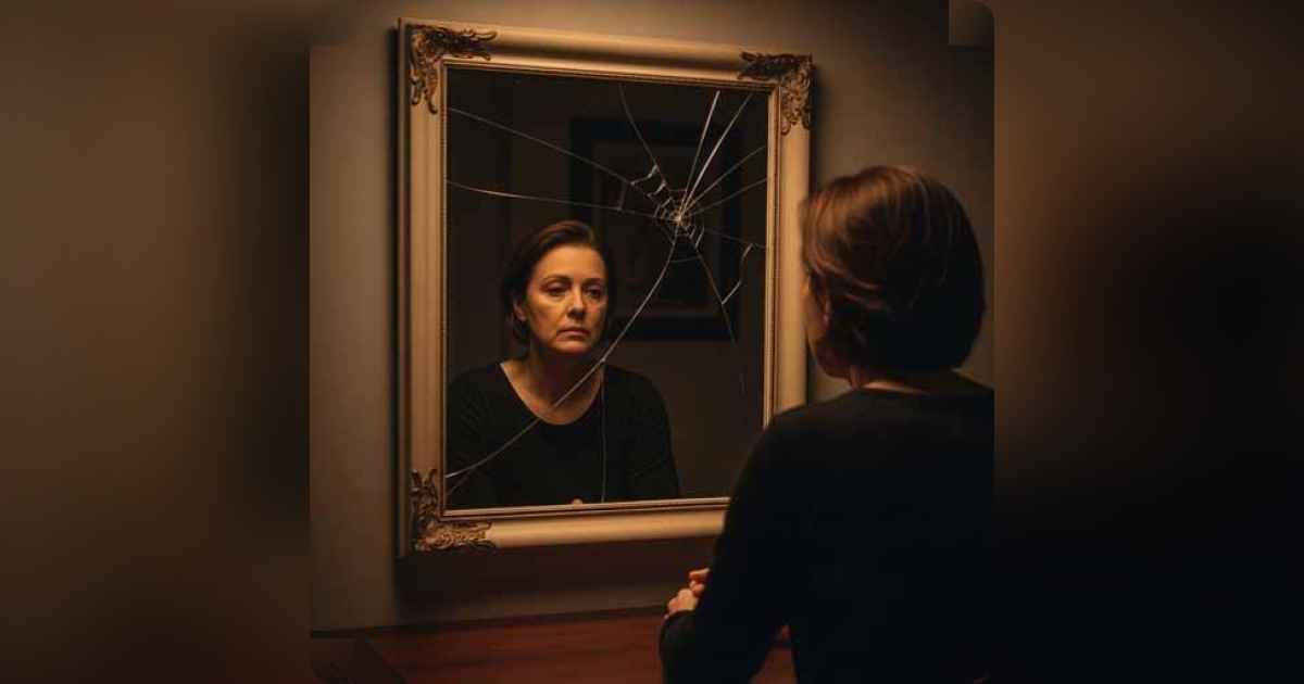 A person looking at their reflection in cracked glass