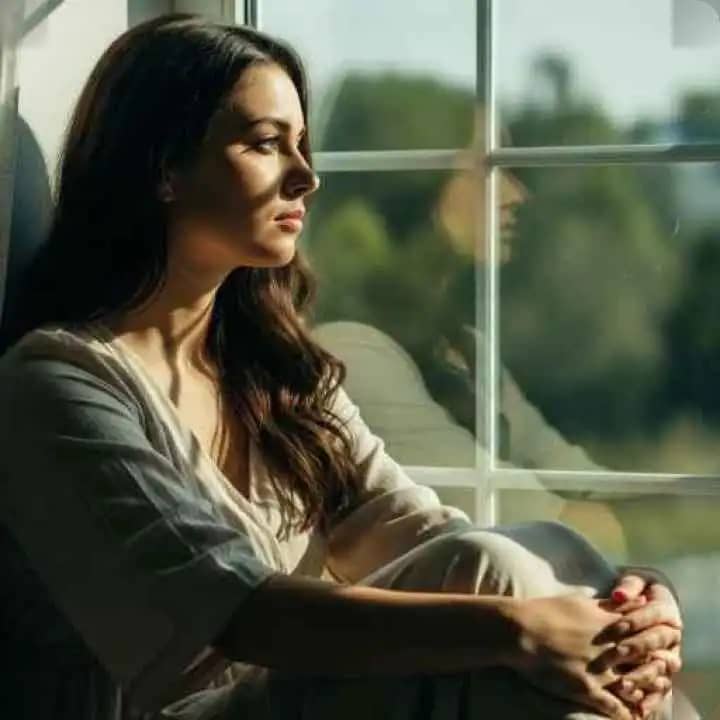 एक अकेला व्यक्ति खिड़की से बाहर देख रहा है, सोच में डूबा हुआ