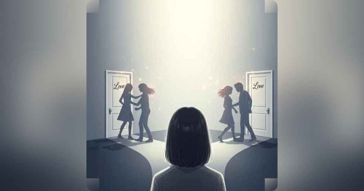 A person facing two identical love choices symbolizing repetitive relationship patterns.