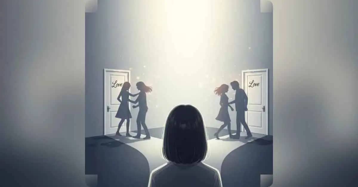 एक व्यक्ति दो समान दरवाज़ों के बीच खड़ा है जो दोहराए गए रिश्तों का प्रतीक हैं।