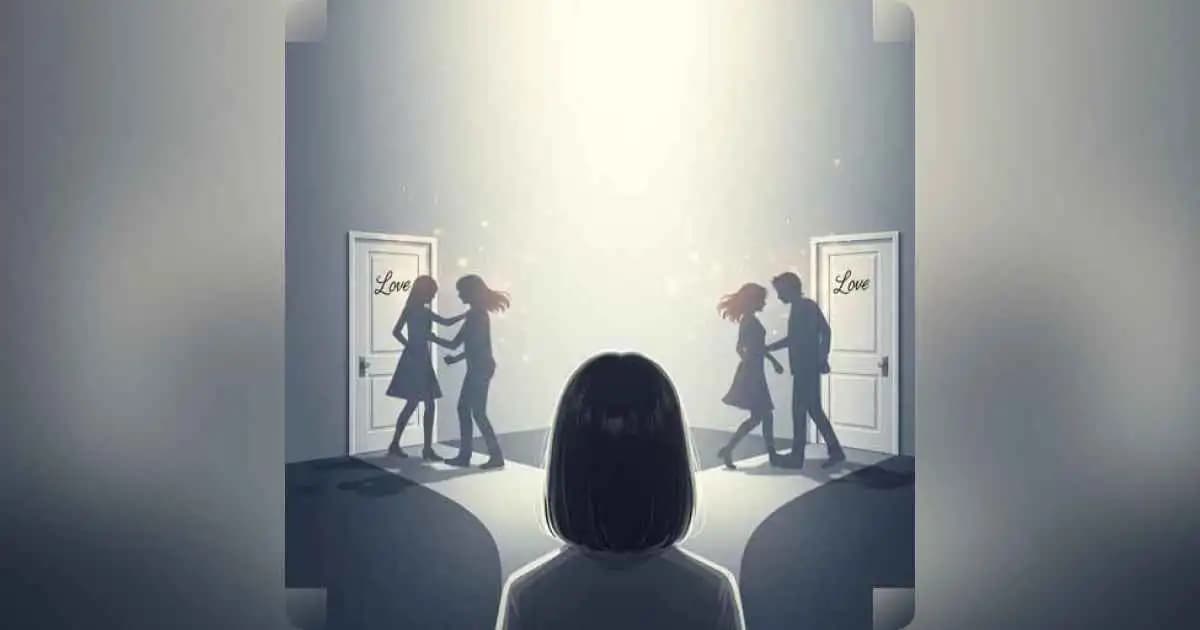 A person facing two identical love choices symbolizing repetitive relationship patterns.