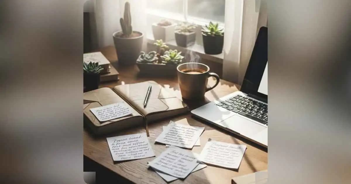 Cozy writing nook with journal, notes, and laptop