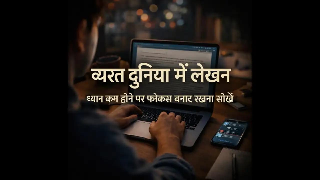 डिजिटल वातावरण में ध्यान भटकता हुआ लेखक लैपटॉप पर लिखते हुए