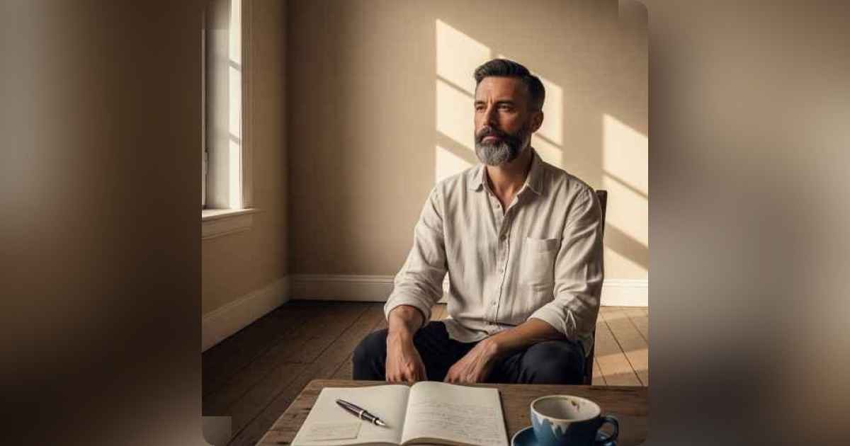 Person sitting in soft morning light, journaling quietly - a moment of self growth and personal reflection.