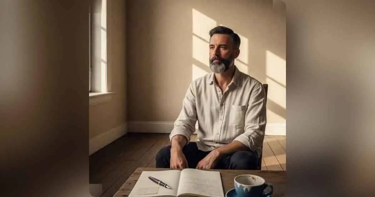 Person sitting in soft morning light, journaling quietly - a moment of self growth and personal reflection.