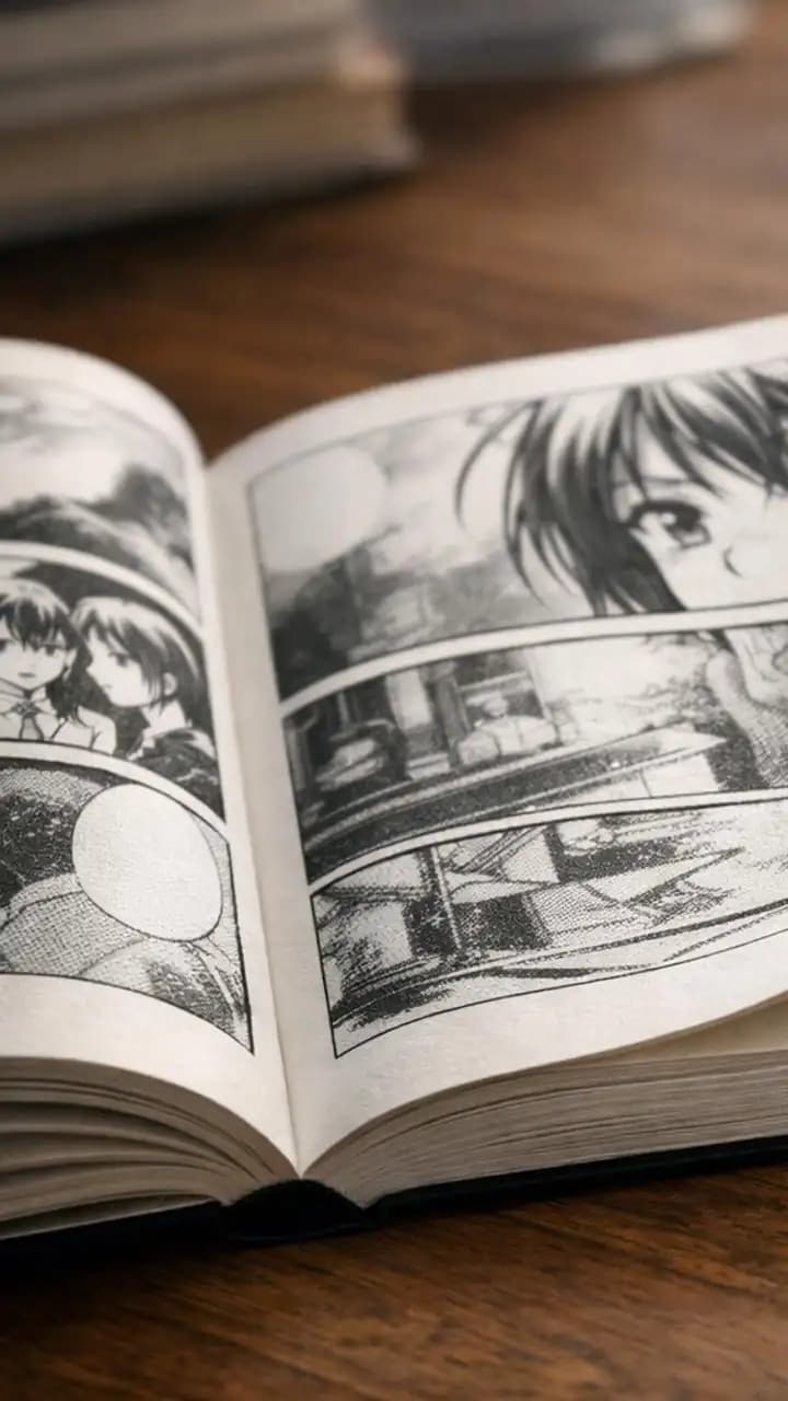 Open manga book showing paper texture and ink details