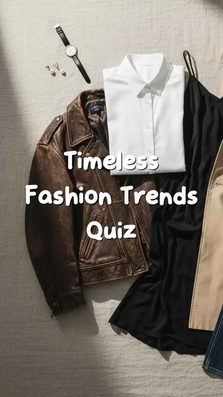 Timeless fashion essentials including dress, denim, accessories.