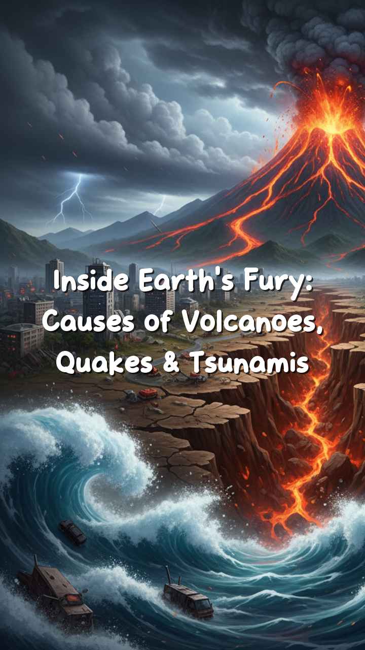 Illustration showing volcano eruption, earthquake fault, and tsunami waves