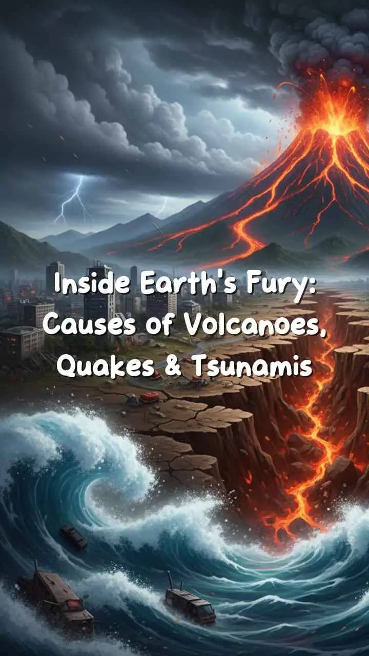 Illustration showing volcano eruption, earthquake fault, and tsunami waves