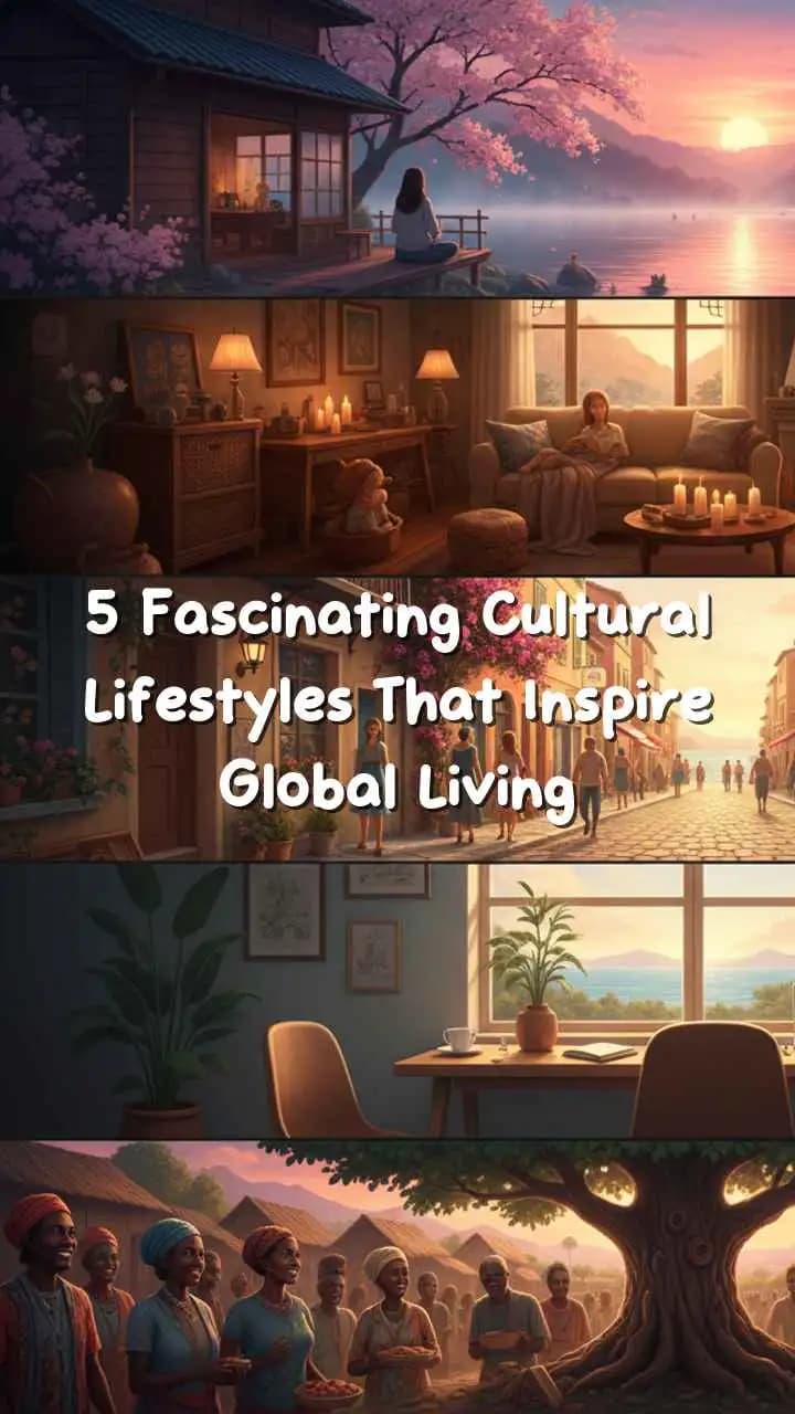 A collage showing diverse cultural lifestyles including Ikigai, Hygge, Lagom, and Ubuntu concepts.