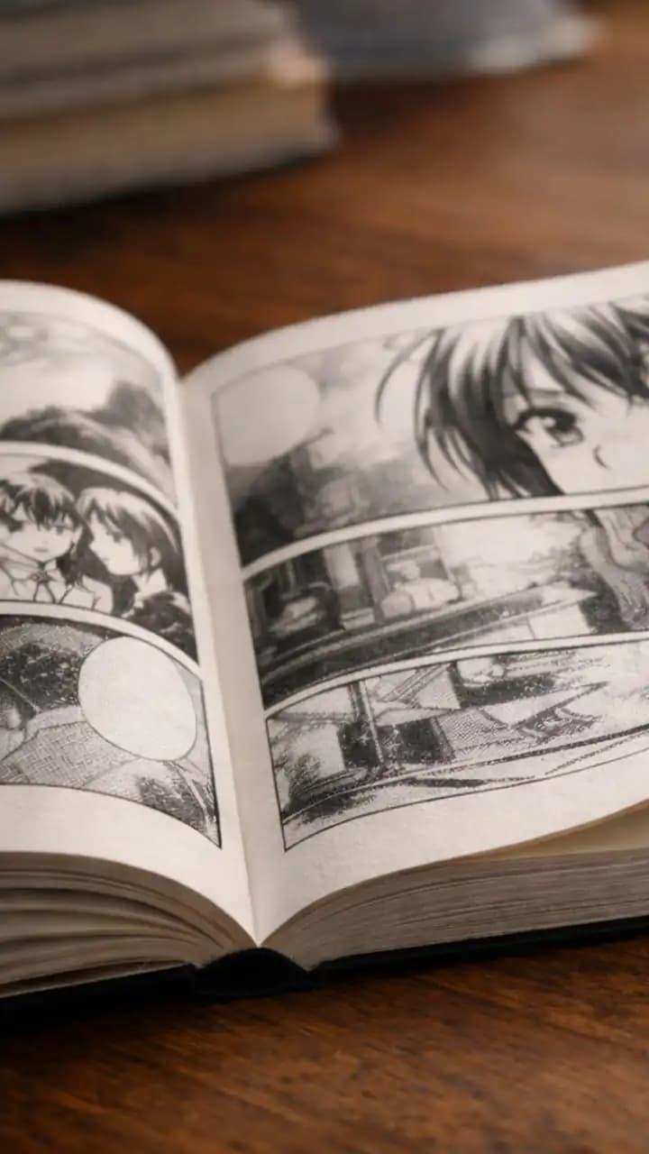 Close-up of manga book pages showing paper texture and ink detail