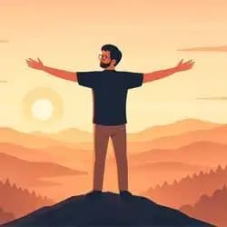 A sunrise scene of a person on a mountain peak, representing self-improvement and victory.