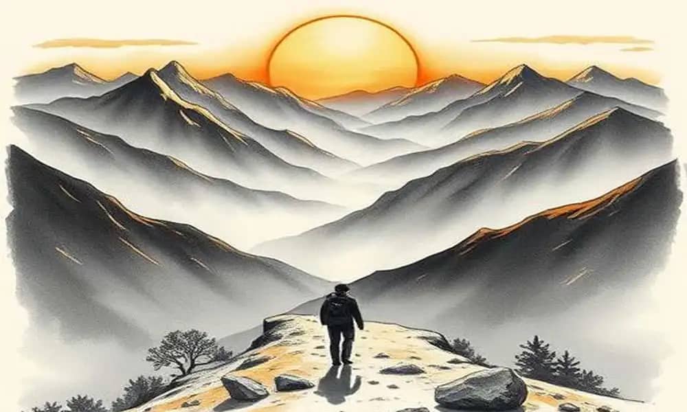 एक व्यक्ति पहाड़ों के सामने सूर्योदय के समय ध्यान लगाते हुए – आंतरिक शांति और शक्ति का प्रतीक।