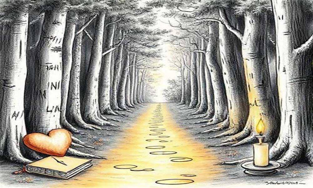 पेड़ के नीचे ध्यान करती महिला, चारों ओर हल्का उजाला।