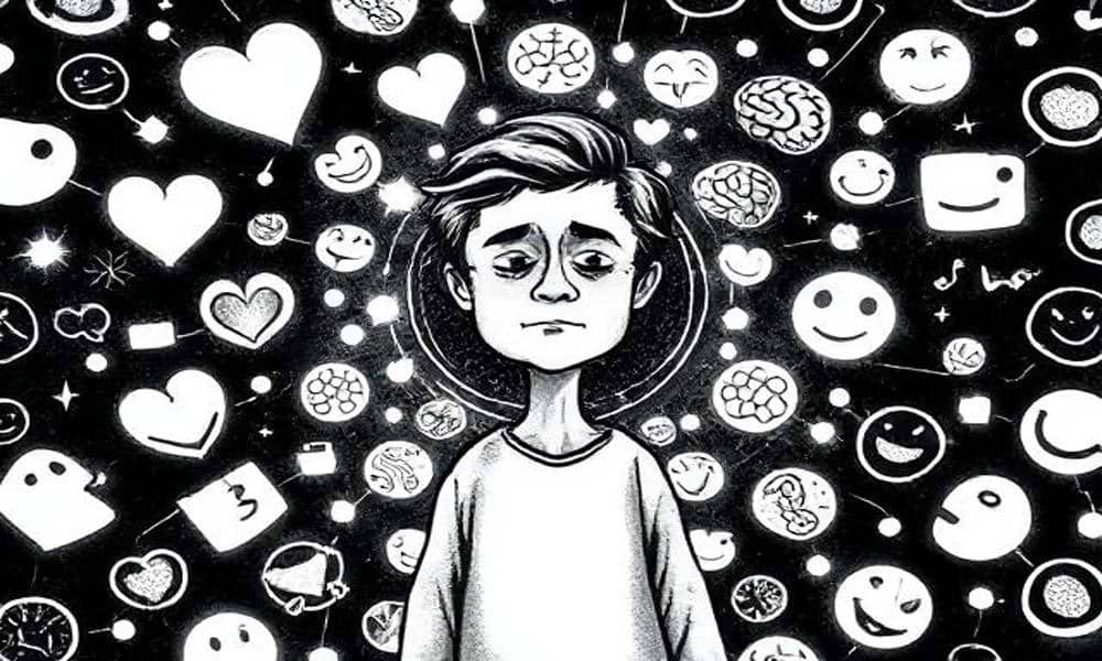 एक तराजू पर दिल और दिमाग संतुलित रूप से दिखाए गए हैं, जो भावनात्मक संतुलन का प्रतीक है।