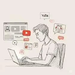 A person typing at a desk surrounded by a website layout, social media icons, and a growth chart sketch style.