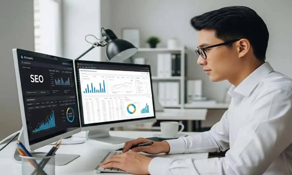 Digital marketer analyzing SEO dashboard and online traffic
