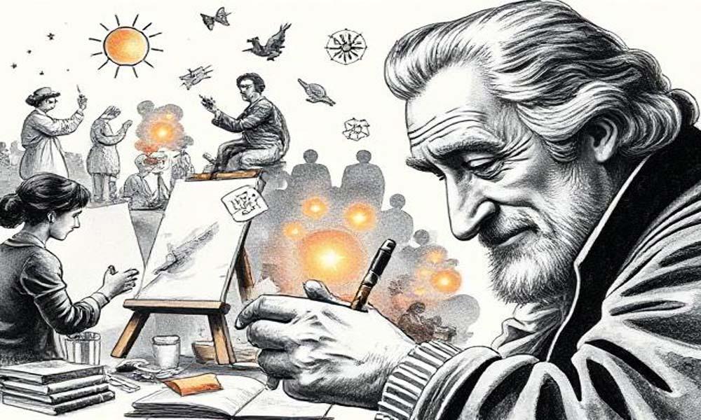 Une personne peignant une toile qui devient un chemin vers un lever de soleil - symbole de créativité et de but.