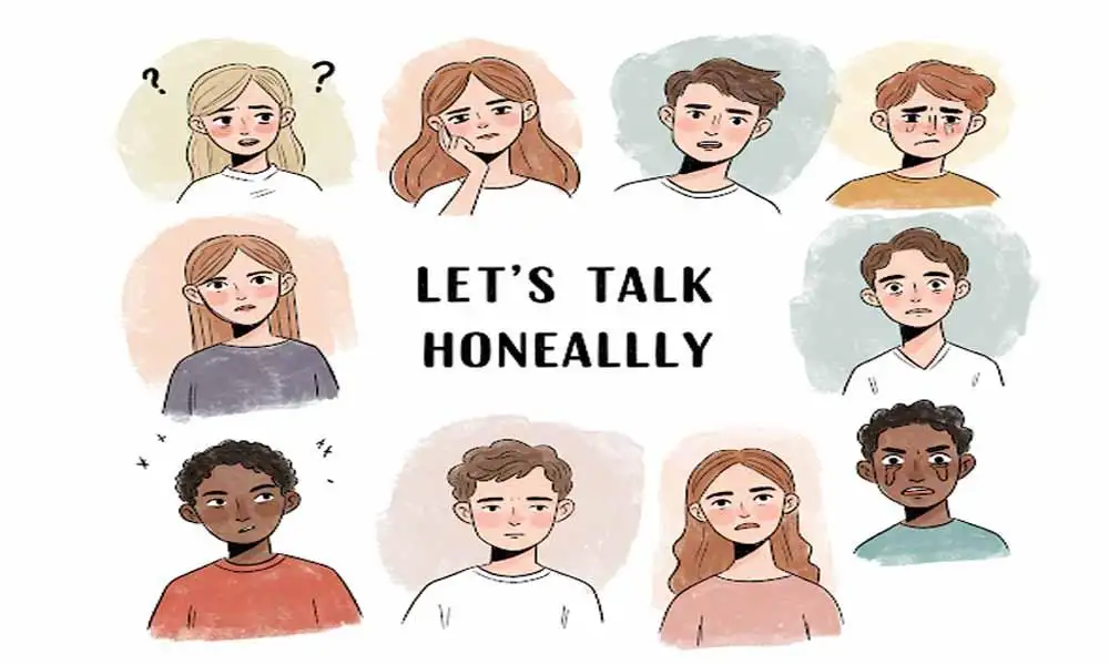 A person sitting on a bench alone, with speech bubbles around them showing messy, honest thoughts - sketch style.