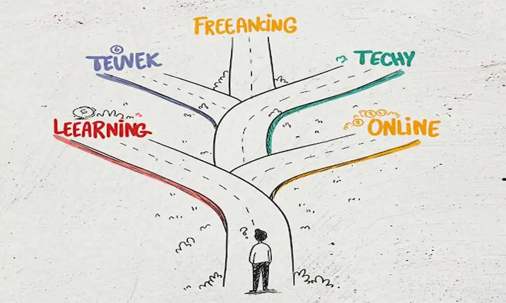 A person balancing skills and side projects on a seesaw-symbolizing balance and growth.