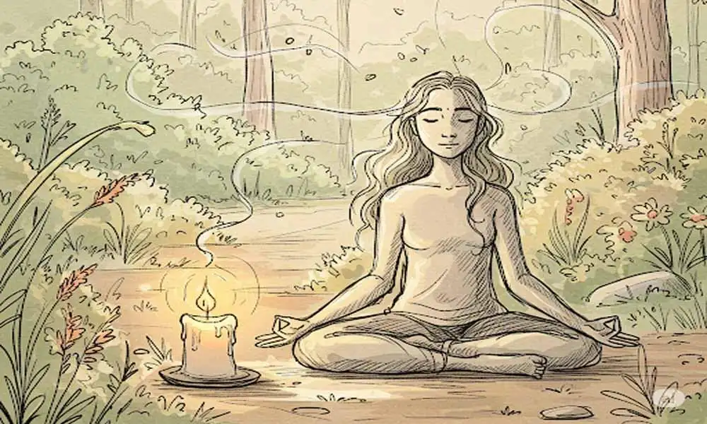 A person sitting in stillness under a tree, eyes closed, surrounded by gentle waves — symbol of calm reflection.