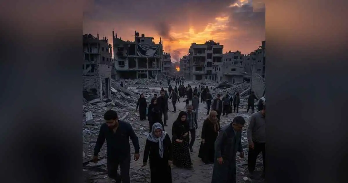 Smoke rises over a damaged city skyline during the Iran-Israel conflict, with civilians in the foreground