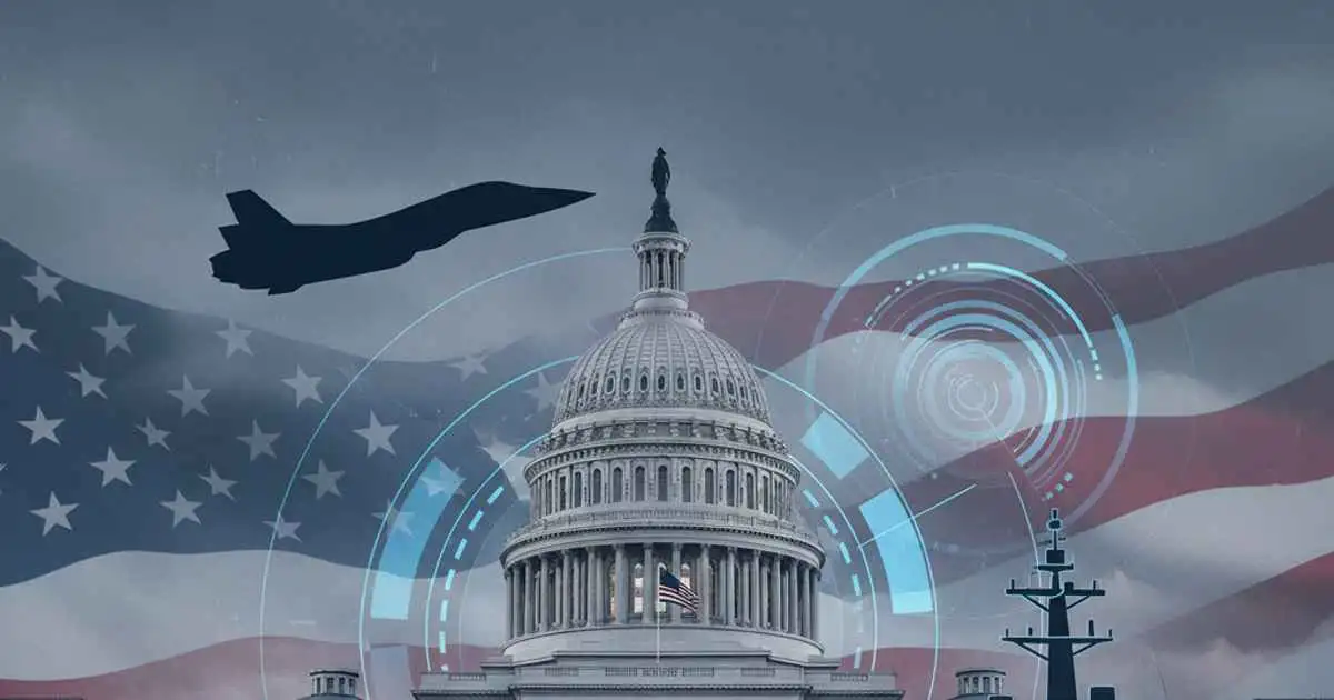 U.S. Capitol with military and national security symbols representing the 2026 defense bill
