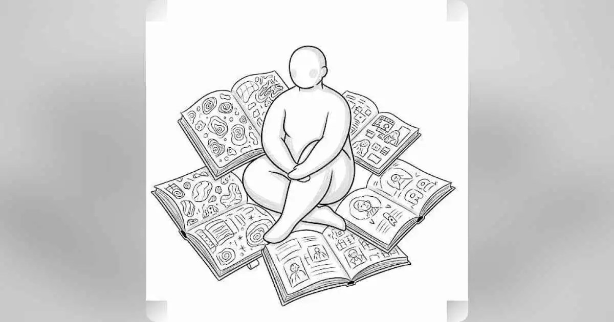 A person sitting peacefully among notebooks, symbolizing self-acceptance and personal growth.