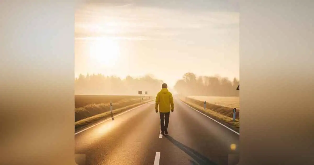 A person walking alone on a quiet road at sunrise, symbolizing freedom, healing, and a fresh start