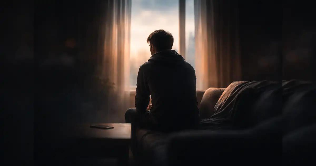 Person sitting quietly without a phone, reflecting during a digital detox experience