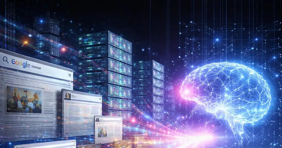 Abstract visualization of AI systems drawing data from a digital web network