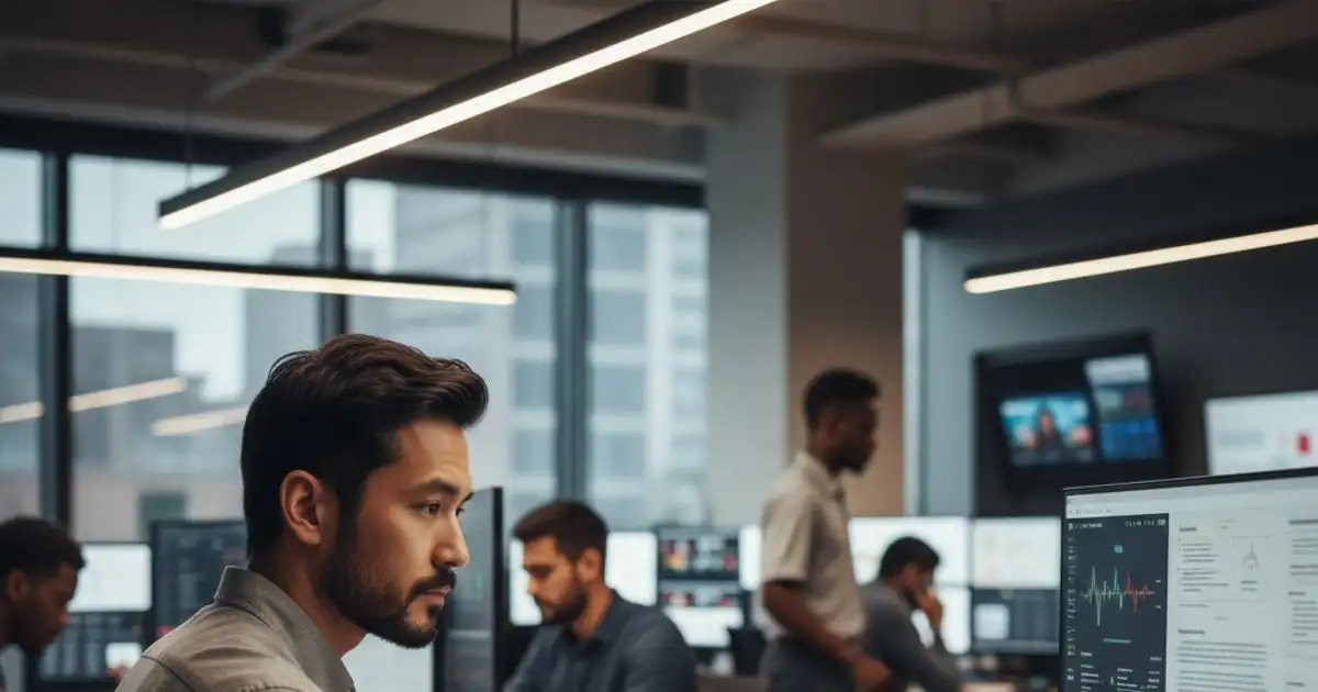 journalist using AI tools in a modern newsroom