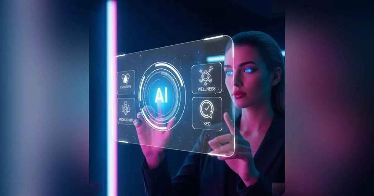 Person interacting with AI assistant on a futuristic digital interface