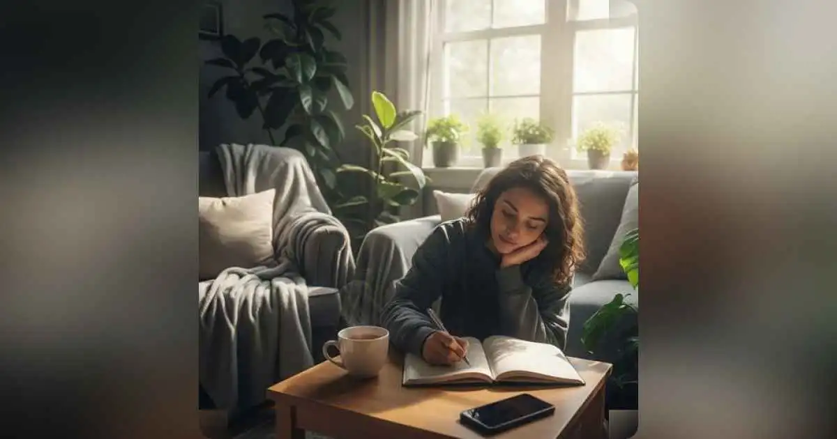 Peaceful person journaling with calm surroundings and soft morning light