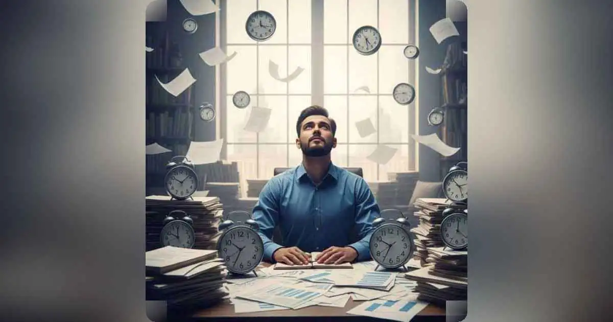 Overwhelmed person at desk surrounded by clocks, finally finding clarity