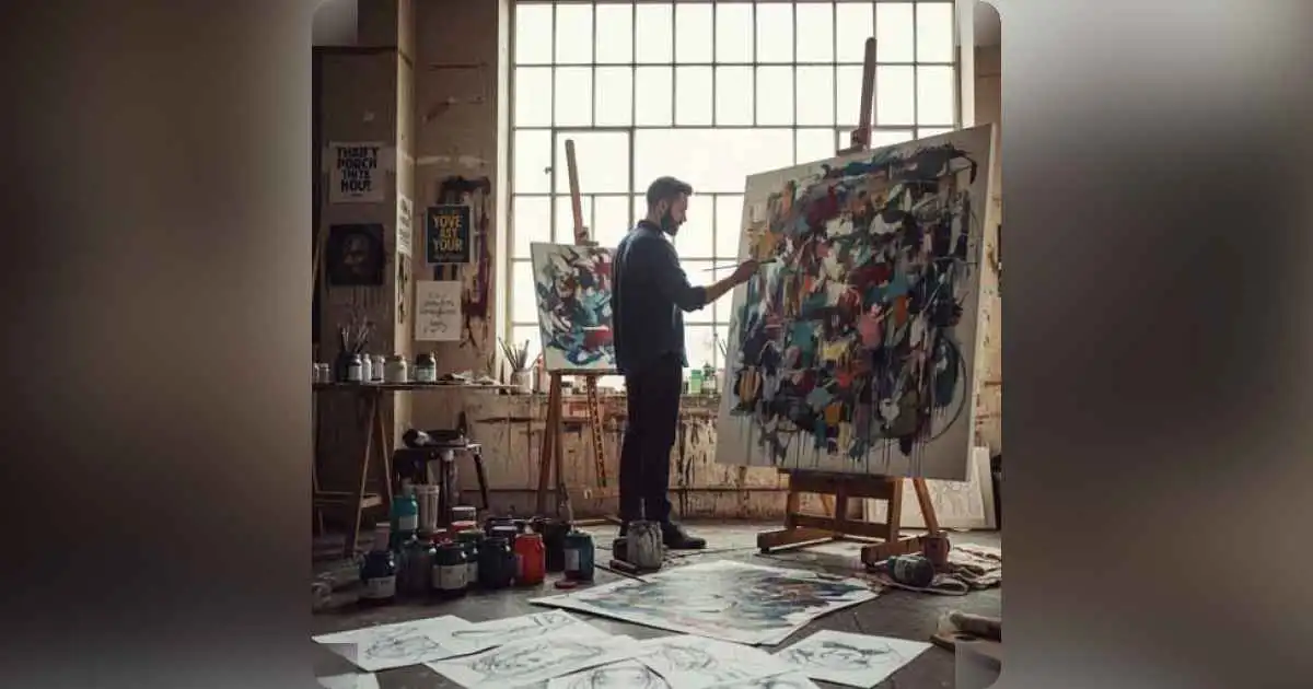 Artist painting on large canvas with expressive brushstrokes in a sunlit studio